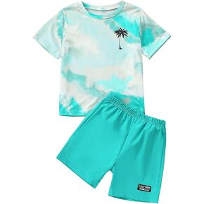 Boy's 2 Piece Summer Outfits Tie Dye Graphic Tee Shirts and Elastic Waist Bermuda Shorts Set