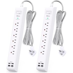 2 Pack Extension Cord 10ft Power Strip - Surge Protector with 6 Outlets 4 USB Charging Ports, Flat Plug, Overload Protection, Wall Mount for Home Office, Dorm Room Essentials