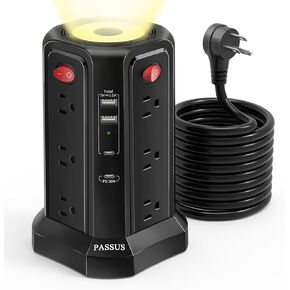 Long Surge Protector Power Strip 15 FT Cord, PD20W USB C Power Strip Tower with Night Light, Extension Cord with Multiple Outlets 4 USB Ports(2A+2C), PASSUS Charging Station Home Office Essentials