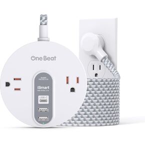 واقي التيار المتردد لقطاع الطاقة مع USB C - قابس سلك تمديد مسطح مع 2 منافذ تيار متردد واسعة و3 USB، محطة شحن صغيرة لسطح المكتب مع سلك طاقة 5 أقدام، مدمج للسفر والمنزل والمكتب (490J)