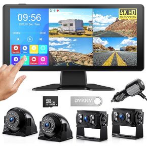 4K RV Backup Camera System 10.36" Quad Split Touchscreen Monitor 4 1080P HD Rear View Cameras DVR Recording Bluetooth Music USB Video Play IP69 Waterproof Night Vision for Trailer RV Truck etc