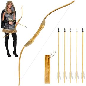 Wooden Bow and Arrow Set, 40 Inch Handmade Wooden Bow and Arrow Cosplay Costume Prop Archery Set Games Toys, 1 Bows 1 Quivers and 5 Feather Arrows, Gifts for Kids Youth Boys and Girls