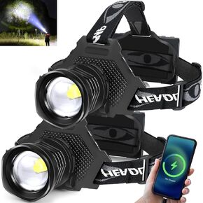 Aikertec Rechargeable LED Headlamp 100000 Lumen, Super Bright Head Lamp Flashlight with 5 Lighting Modes, IPX6 Waterproof, Zoomable Headlamp for Camping, Hiking, Fishing, Biking, Running (2 Pack)