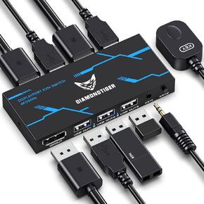 KVM Switch Displayport - 8K@60Hz 4K@144Hz DP1.4 2 Port KVM Switch,Display Port Monitor Switch for 2 Computers Share 3 USB2.0 Keyboard Mouse Printer,for Esports Gaming,3D Graphics Video