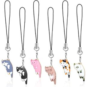 6Styles Cat Charms for Phone Case, Cute Phone Charm Strap Cat Keychain, Kawaii Mobile Phone Pendant, Metal Kitten Cell Phone Charms Kit, Animal Phone Lanyard for Bag Backpack Camera Decor