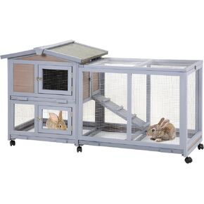 Rabbit Hutch Indoor and Outdoor Rabbit Cage 37 Inch Wide Wooden Hutch House Guinea Pig Cage with Wheels Rolling Large Hutch Cage,Grey