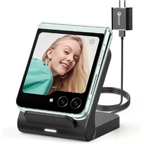 for Samsung Galaxy Z-Flip Wireless Charger: Galaxy Z Flip 6/5/4/3 Wireless Charging Stand, 15W Fast Wireless Charger for Galaxy Z Flip6/Z Flip5/Z Flip4, Razr+(5W)Non-Fold(QC3.0 Adapter Included)Black