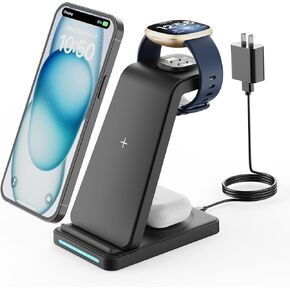 Wireless Charger for Fitbit Charging Station - GEEKERA 3 in 1 Phone Charger Stand for Fitbit Watch Sense 2/Sense/Versa 4/3, iPhone, Samsung, Google Pixel Phones, Androids, Airpods 3/2