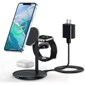3 in 1 Wireless Charging Station for Apple Devices, Standard 15W Fast Wireless Mag-Safe Charger Stand with 20W Adapter for iPhone 15 14 13 12 Pro Max/Plus/Pro/Mini,iWatch Ultra 1,2 Series 9, AirPods