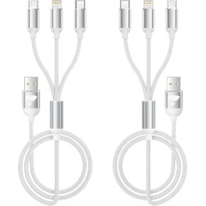 Aioneus Multi Charging Cable, Multi Charger Cable Nylon Braided 3 in 1 Charging Cable Multi USB Cable Fast Charging Cord with Type-C, Micro USB and IP Port, Compatible with Most Phones & iPads