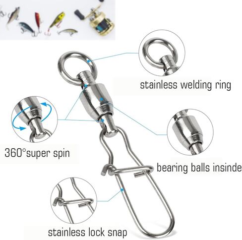 AMYSPORTS Duo Lock Snap Fishing Swivels Stainless Barrel Swivels Fishing Lure Snap Swivels Ball Bearing Swivels Fishing Tackle for Saltwater Fishing Freshwater Fishing in Kuwait