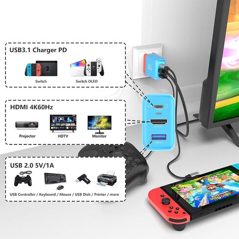 شاحن قاعدة التبديل المحمول RREAKA لجهاز نينتندو سويتش/OLED، شاحن مثالي لمحطة إرساء التلفزيون الساحرة 4K@60 هرتز HDMI/USB2.0/PD USB-C منفذ شحن سريع وكابل USB-C بطول 4 أقدام (أزرق، 30 وات) in Kuwait