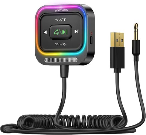Syncwire Bluetooth 5.4 Aux Car Adapter [Large Mic&Noise Cancellation] Bluetooth 3.5mm Receiver for Car with Coiled Cable [Light Switch][Hands-Free Call] [HiFi Deep Bass] Plug-and-Play for Stereo Audio in Saudi Arabia