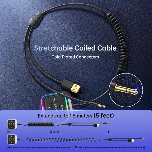 Syncwire Bluetooth 5.4 Aux Car Adapter [Large Mic&Noise Cancellation] Bluetooth 3.5mm Receiver for Car with Coiled Cable [Light Switch][Hands-Free Call] [HiFi Deep Bass] Plug-and-Play for Stereo Audio in Saudi Arabia