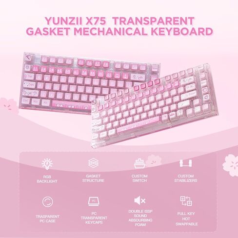 YUNZII X75 82 مفتاح لوحة مفاتيح ميكانيكية قابلة للتبديل السريع مع أغطية مفاتيح شفافة، لوحة مفاتيح حشية 75، لوحة مفاتيح ألعاب مخصصة بإضاءة خلفية RGB لنظام التشغيل Windows/Mac (مفتاح أبيض كريستالي، سلكي - أبيض) in Saudi Arabia