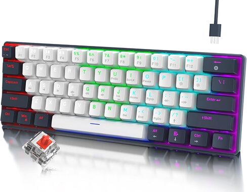 Portable 60 Percent Keyboard, Compact 61 Keys Mini Mechanical Keyboard for PC/Mac Gamer Switchable Colorful Backlit - Red Switch - Black+White in Saudi Arabia