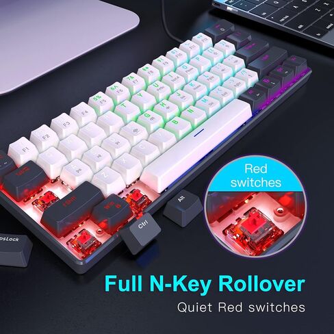 Portable 60 Percent Keyboard, Compact 61 Keys Mini Mechanical Keyboard for PC/Mac Gamer Switchable Colorful Backlit - Red Switch - Black+White in Saudi Arabia