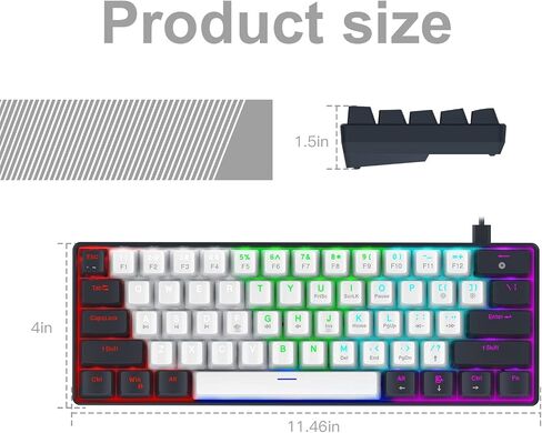 Portable 60 Percent Keyboard, Compact 61 Keys Mini Mechanical Keyboard for PC/Mac Gamer Switchable Colorful Backlit - Red Switch - Black+White in Saudi Arabia