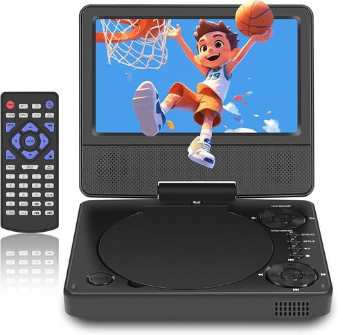 مشغل DVD صغير محمول مقاس 9.5 بوصة مع شاشة دوارة عالية الدقة 7.5 بوصة، تشغيل لمدة 5-6 ساعات، مشغل DVD محمول مع مكبر صوت مزدوج، يدعم SYNC TV/USB/بطاقة SD/AV، تشغيل جميع تنسيقات الأقراص باستثناء Blu-ray، أسود in Kuwait