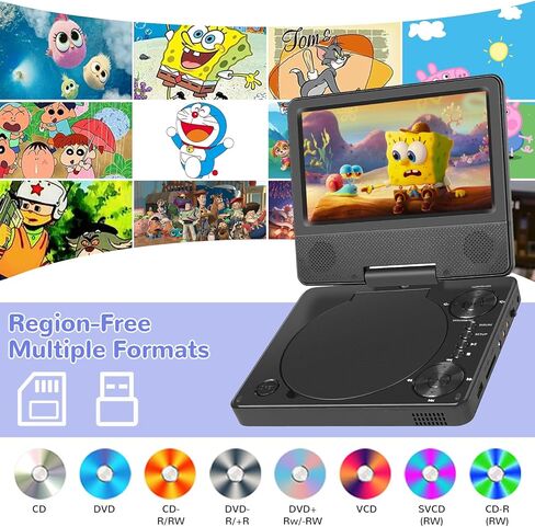 مشغل DVD صغير محمول مقاس 9.5 بوصة مع شاشة دوارة عالية الدقة 7.5 بوصة، تشغيل لمدة 5-6 ساعات، مشغل DVD محمول مع مكبر صوت مزدوج، يدعم SYNC TV/USB/بطاقة SD/AV، تشغيل جميع تنسيقات الأقراص باستثناء Blu-ray، أسود in Kuwait