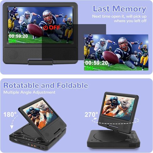 مشغل DVD صغير محمول مقاس 9.5 بوصة مع شاشة دوارة عالية الدقة 7.5 بوصة، تشغيل لمدة 5-6 ساعات، مشغل DVD محمول مع مكبر صوت مزدوج، يدعم SYNC TV/USB/بطاقة SD/AV، تشغيل جميع تنسيقات الأقراص باستثناء Blu-ray، أسود in Kuwait