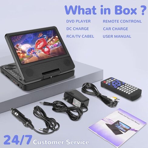 مشغل DVD صغير محمول مقاس 9.5 بوصة مع شاشة دوارة عالية الدقة 7.5 بوصة، تشغيل لمدة 5-6 ساعات، مشغل DVD محمول مع مكبر صوت مزدوج، يدعم SYNC TV/USB/بطاقة SD/AV، تشغيل جميع تنسيقات الأقراص باستثناء Blu-ray، أسود in Kuwait