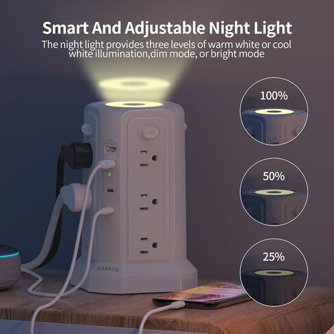 PASSUS Tower Power Strip 16 FT Cord PD20W USB C with Night Light, Black in Kuwait