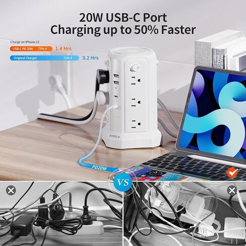 PASSUS Tower Power Strip 16 FT Cord PD20W USB C with Night Light, Black in Kuwait
