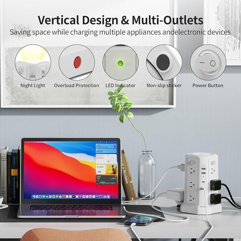 PASSUS Tower Power Strip 16 FT Cord PD20W USB C with Night Light, Black in Kuwait