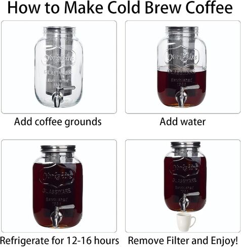 1 Gallon Cold Brew Coffee Maker - Stainless Steel Spigot - Large Glass Mason Jar Drink Dispenser & Sun Tea Pitcher with Infuser in Saudi Arabia