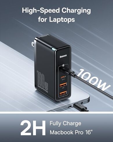 USB C Charger, Baseus 100W 4-Port GaN II Wall Charger, USB C Fast Charger Block with 2A+2C Ports for iPhone Series, Galaxy, MacBook, iPad, Laptops, AirPods, Apple Watch, Black in Saudi Arabia