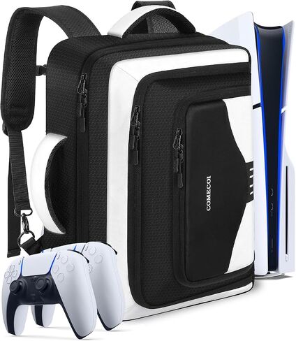 حقيبة حمل COMECOI لجهاز PS5، حقيبة ظهر للسفر لجهاز PS 5 Pro، حقيبة تخزين واقية ذات سعة كبيرة متوافقة مع وحدة تحكم Playstation 5 Disk/Digital Edition، وأجهزة التحكم، والبطاقات، والملحقات in Kuwait