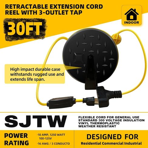 YOJOE 30 Ft Retractable Extension Cord Reel, 16/3 SJTW Power Cord with 3 Electrical Outlets and 10 Amp Circuit Breaker, Ceiling or Wall Mount, Adjustable Stopper,Yellow in Saudi Arabia