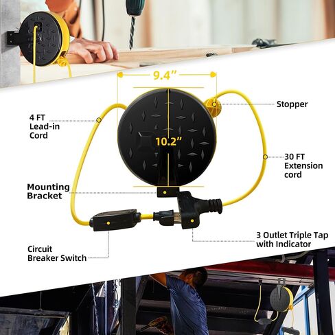 YOJOE 30 Ft Retractable Extension Cord Reel, 16/3 SJTW Power Cord with 3 Electrical Outlets and 10 Amp Circuit Breaker, Ceiling or Wall Mount, Adjustable Stopper,Yellow in Saudi Arabia