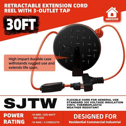 YOJOE 30 Ft Retractable Extension Cord Reel, 16/3 SJTW Power Cord with 3 Electrical Outlets and 10 Amp Circuit Breaker, Ceiling or Wall Mount, Adjustable Stopper,Yellow in Saudi Arabia