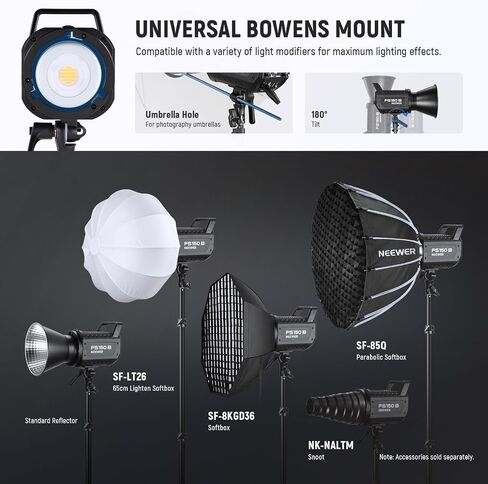 NEEWER 130W RGB LED Video Light APP/2.4G Control 17 تأثيرات، 2500-7500K 19800lux/1m COB إخراج الإضاءة المستمر مع CRI97/TLCI98 4 منحنيات يعتم، Bowens Mount Light Spotlight لتصوير الاستوديو، FS150C in Saudi Arabia