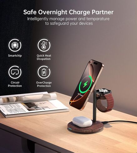XooFly 3 in 1 Wireless Charging Station for Apple Devices, Fast Wireless Mag-Safe Charger Stand with 20W Adapter for iPhone 17/16 15 14 13 12 Pro Max/Pro/Plus/Air/Mini, iWatch, AirPods (Black) in Saudi Arabia