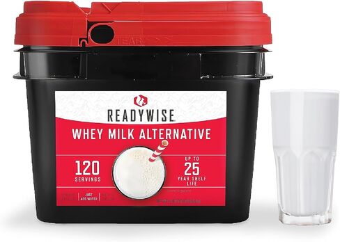 READYWISE - Whey Milk Alternative Bucket, 120 Servings, Emergency, MRE Meal & Drink Supply, Premade, Freeze Dried Survival Drink for Hiking, Adventure and Camping Essentials, Individually Packaged, 25 Year Shelf Life in Saudi Arabia