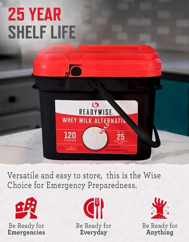 READYWISE - Whey Milk Alternative Bucket, 120 Servings, Emergency, MRE Meal & Drink Supply, Premade, Freeze Dried Survival Drink for Hiking, Adventure and Camping Essentials, Individually Packaged, 25 Year Shelf Life in Saudi Arabia