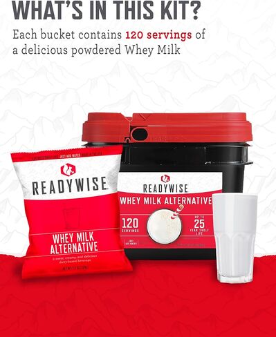 READYWISE - Whey Milk Alternative Bucket, 120 Servings, Emergency, MRE Meal & Drink Supply, Premade, Freeze Dried Survival Drink for Hiking, Adventure and Camping Essentials, Individually Packaged, 25 Year Shelf Life in Saudi Arabia