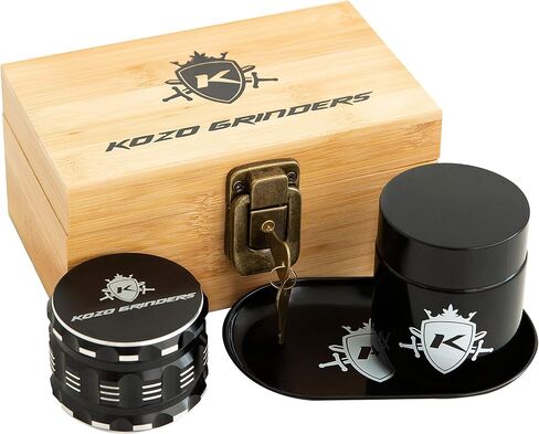 KOZO Premium Bamboo Box with Original Grinders, Tray, and UV Jar. Built-in Lock & Keys - Decorative Wooden Storage Box Set - Perfect for Your Accessories (Wood) (Modern) in Saudi Arabia