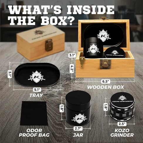 KOZO Premium Bamboo Box with Original Grinders, Tray, and UV Jar. Built-in Lock & Keys - Decorative Wooden Storage Box Set - Perfect for Your Accessories (Wood) (Modern) in Saudi Arabia