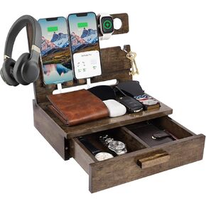 Gifts for Dad Christmas Xmas from Daughter Son, Wood Phone Docking Station with Drawer Nightstand Organizer for Men, Anniversary Birthday Gift Ideas for Husband Him from Wife Stocking Stuffers