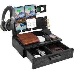 Gifts for Dad Christmas Xmas from Daughter Son, Wood Phone Docking Station with Drawer Nightstand Organizer for Men, Anniversary Birthday Gift Ideas for Husband Him from Wife Stocking Stuffers