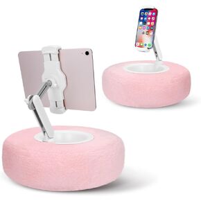 Kindle Tablet Pillow Stand for Reading, 360°Adjustable Phone Holder for Bed, fits 4.7"-13" Kindle/Phones/Tablets, Detachable Snack Bowl and Washable Plush Cushion (Pink)