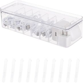 Yesesion 2pcs Clear Plastic Cable Organizer Boxes with Adjustment Compartments, Desk Accessories Storage Case with Lid and 20 Wire Ties for Drawer, Office Supply, Electronic Management