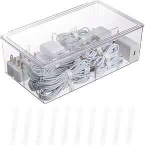 Yesesion Clear Plastic Storage Bins with Lid, Large Cable Organizer Box with Lid and 20 Wire Ties, Adjustable Electronic Cord Management Case for Desk Drawer, Home Office, Art Crafts Supply (2 PACK)