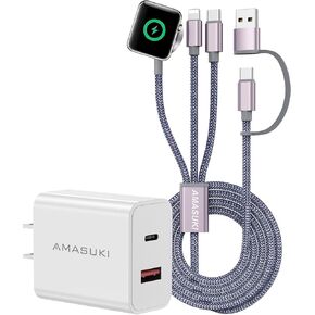 Multi Charging Cable for Apple Watch Charger iPhone Charger PD20W USB C/A Charger Block Fast Charging Compatible with iWatch Ultra/SE/10/9/8/7/6/5/4/3/2/1 & iPhone 16/15/14/13/12/Galaxy S23-4FT