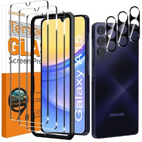 QsmQam 3 Pack Screen Protector for Samsung Galaxy A15 5G + 3 Pack Camera Lens Protector, Ultra HD Tempered Glass, 9H Hardness, Anti Scratch, Easy Installation