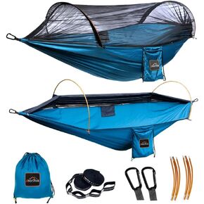 أرجوحة تخييم احترافية مع شبكة ناموسية، أرجوحة مزدوجة محمولة خفيفة الوزن مع شريطين شجرة أرجوحة بطول 10 أقدام، أرجوحة نايلون 230T للتخييم والمشي لمسافات طويلة والساحة وحقيبة الظهر باللون الأزرق in Kuwait
